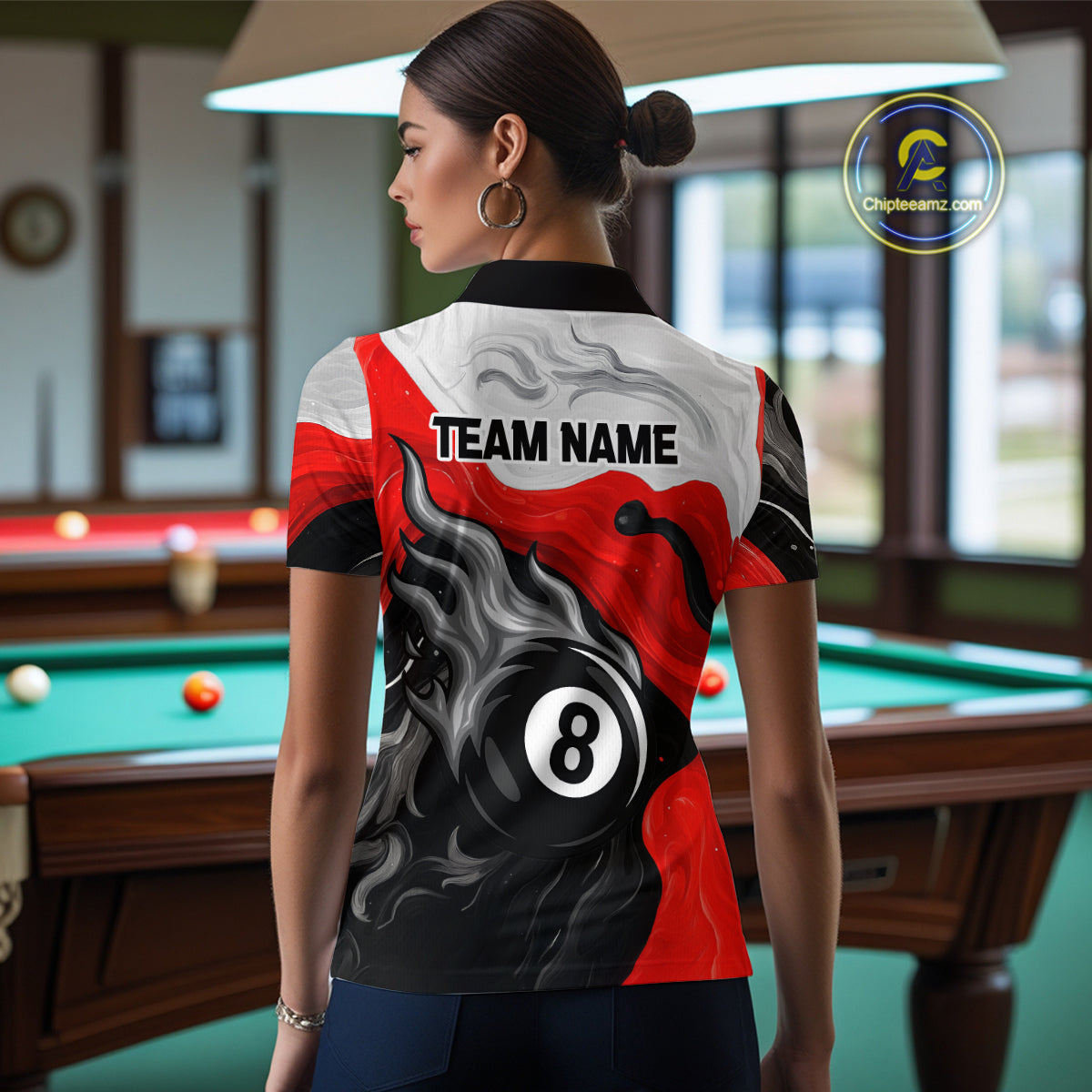 Personalized Black, Red And White 8 Ball Flame Billiard Shirt For Women Custom Pool Team Jerseys TDM4188