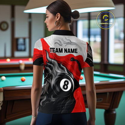 Personalized Black, Red And White 8 Ball Flame Billiard Shirt For Women Custom Pool Team Jerseys TDM4188