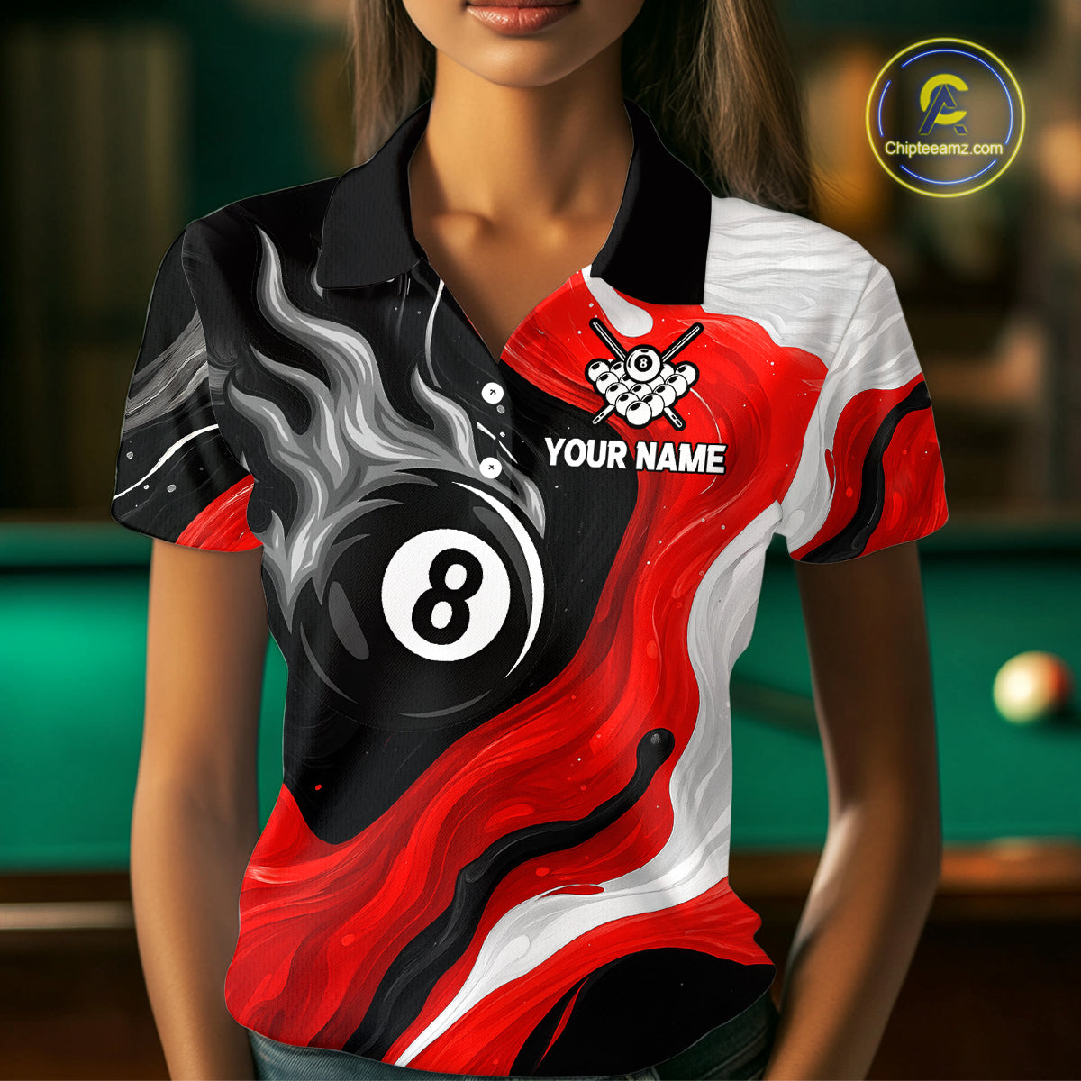 Personalized Black, Red And White 8 Ball Flame Billiard Shirt For Women Custom Pool Team Jerseys TDM4188