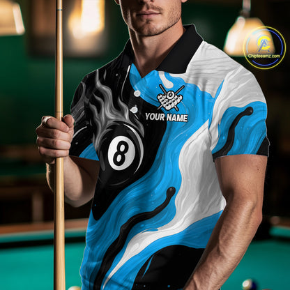 Personalized Black, Blue And White 8 Ball Flame Billiard Shirt For Men Custom Pool Team Jerseys TDM4189