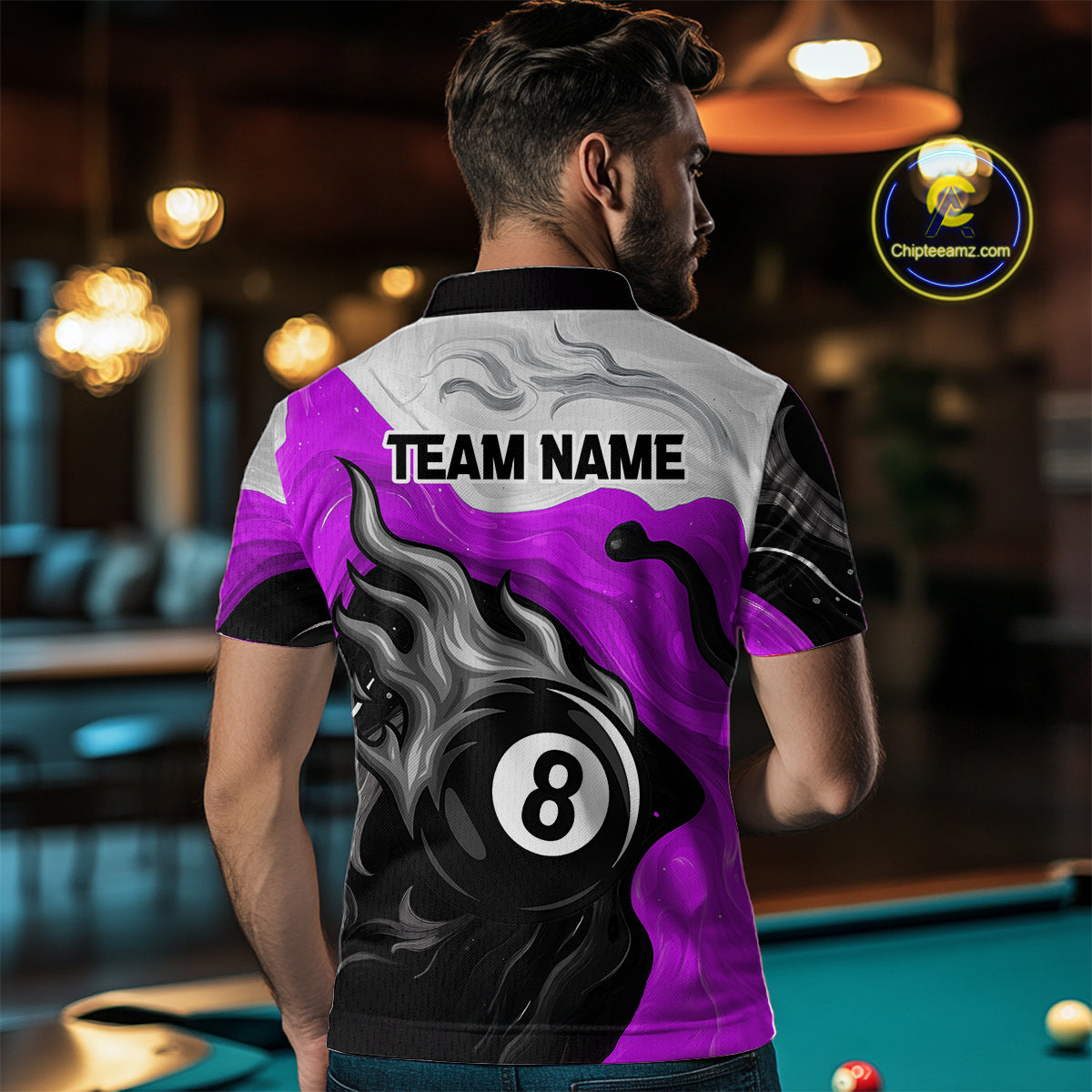 Personalized Black, Purple And White 8 Ball Flame Billiard Shirt For Men Custom Pool Team Jerseys TDM4190