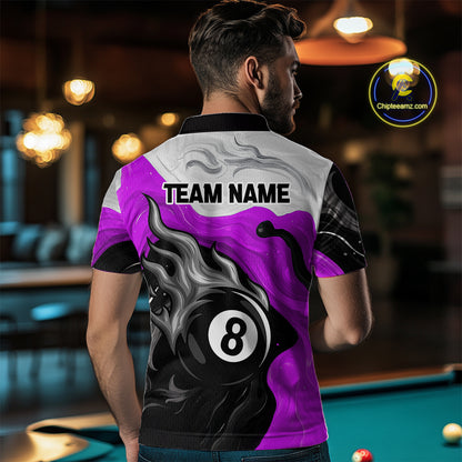 Personalized Black, Purple And White 8 Ball Flame Billiard Shirt For Men Custom Pool Team Jerseys TDM4190