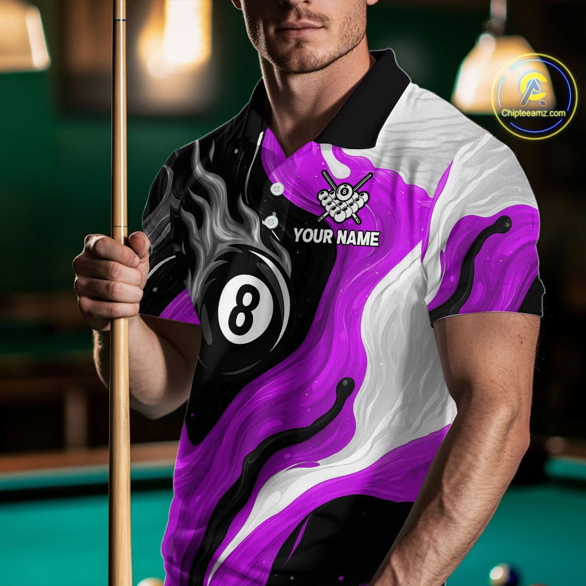 Personalized Black, Purple And White 8 Ball Flame Billiard Shirt For Men Custom Pool Team Jerseys TDM4190