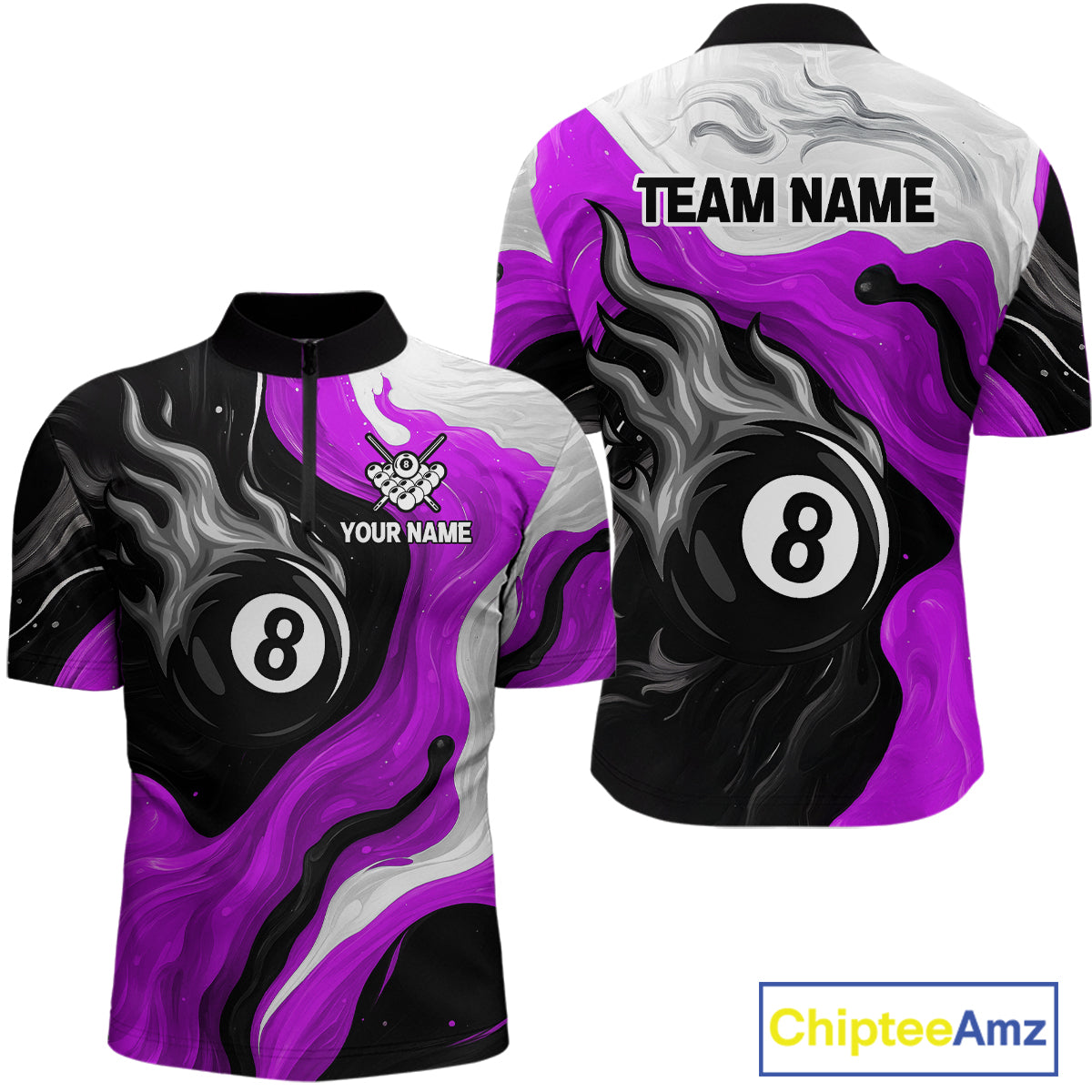 Personalized Black, Purple And White 8 Ball Flame Billiard Shirt For Men Custom Pool Team Jerseys TDM4190