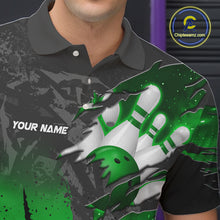 Load image into Gallery viewer, Man wearing personalized black and green eagle bowling team jersey polo shirt featuring black and green eagle artwork, front view.