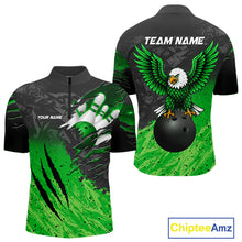 Load image into Gallery viewer, Personalized black and green eagle bowling team jersey polo shirt for men featuring a fierce eagle design, premium custom bowling league apparel for tournaments, league play and competitive bowling teams.