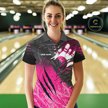 Load image into Gallery viewer, Woman wearing personalized pink and black eagle bowling team jersey polo shirt featuring pink and black eagle artwork, front view.
