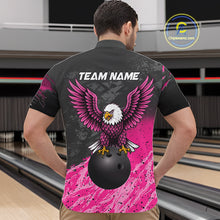 Load image into Gallery viewer, Man wearing personalized pink and black eagle bowling team jersey quarter zip shirt featuring pink and black eagle artwork, back view.