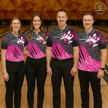 Load image into Gallery viewer, Bowling team wearing matching personalized pink and black eagle bowling team jerseys featuring premium eagle graphics, front view.