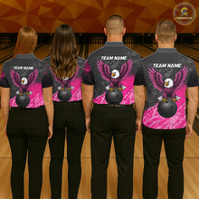 Load image into Gallery viewer, Bowling team wearing matching personalized pink and black eagle bowling team jerseys featuring premium eagle graphics, back view.