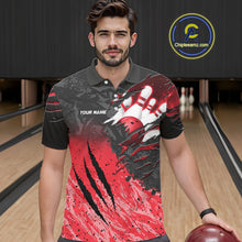 Load image into Gallery viewer, Man wearing personalized black and red eagle bowling team jersey polo shirt featuring black and red eagle artwork, front view.