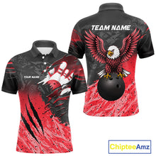 Load image into Gallery viewer, Personalized black and red eagle bowling team jersey polo shirt for men featuring a powerful eagle design, premium custom bowling league apparel for tournaments, league play and competitive bowling teams.
