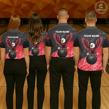 Load image into Gallery viewer, Bowling team wearing matching personalized black and red eagle bowling team jerseys featuring premium eagle graphics, back view.