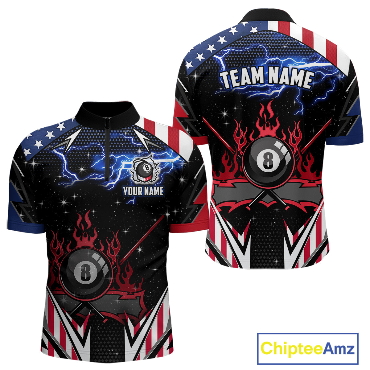8 Ball Pool Billiard Jersey Custom Lightning American Flag Men Billiard Shirts, 8 Ball Team Shirts TDM4579