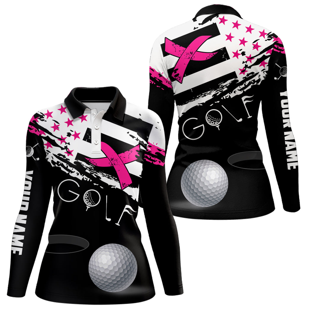 Breast Cancer Awareness American Flag Pink Ribbon Custom Womens Golf Polo Shirts Patriotic Golf Tops TDM2494