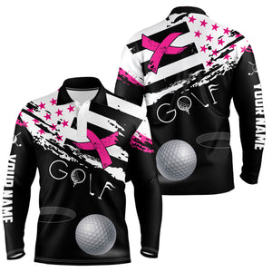 Breast Cancer Awareness American Flag Pink Ribbon Custom Mens Golf Polo Shirts Patriotic Golf Tops TDM2494