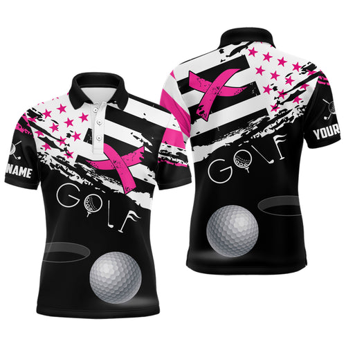 Breast Cancer Awareness American Flag Pink Ribbon Custom Mens Golf Polo Shirts Patriotic Golf Tops TDM2494