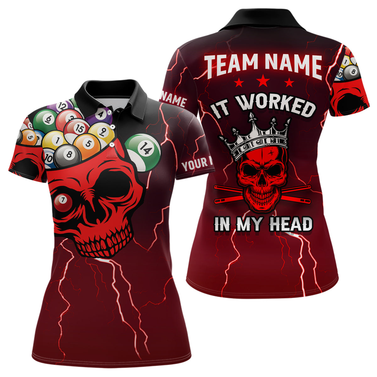 Personalized It Worked In My Head 3D Skull Full Printing Billiards Polo Shirts For Women | Red TDM0362