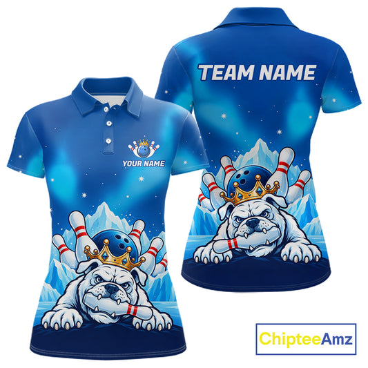 Funny Blue Icy Bulldog Crown Bowling Shirts For Women Personalized Bowling Team Jersey Polo, 1/4 Zip TDM7874