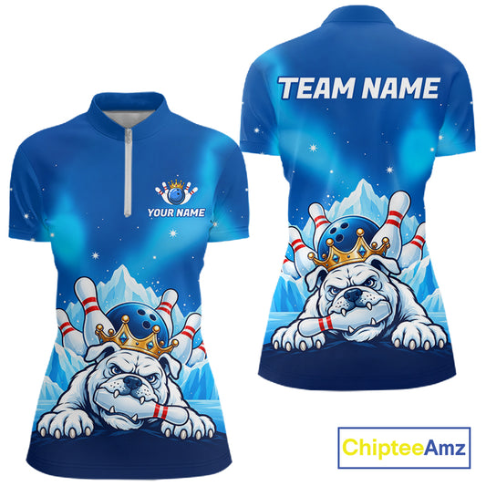 Funny Blue Icy Bulldog Crown Bowling Shirts For Women Personalized Bowling Team Jersey Polo, 1/4 Zip TDM7874