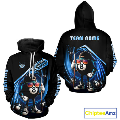 Blue Funny 8 Ball Billiard Hoodie For Men And Women Custom 8 Ball Hoodie Pool Team Shirts TDM5205
