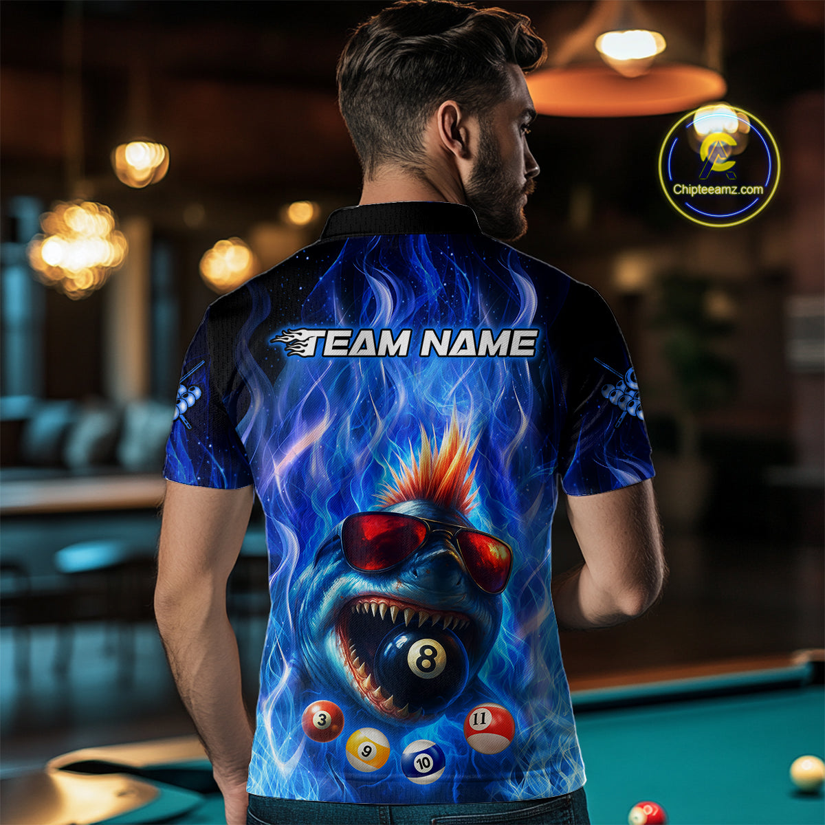 Personalized Blue Funny Shark Flame Men's Billiards Shirts Custom 8 Ball Billiard Team Jersey TDM5214