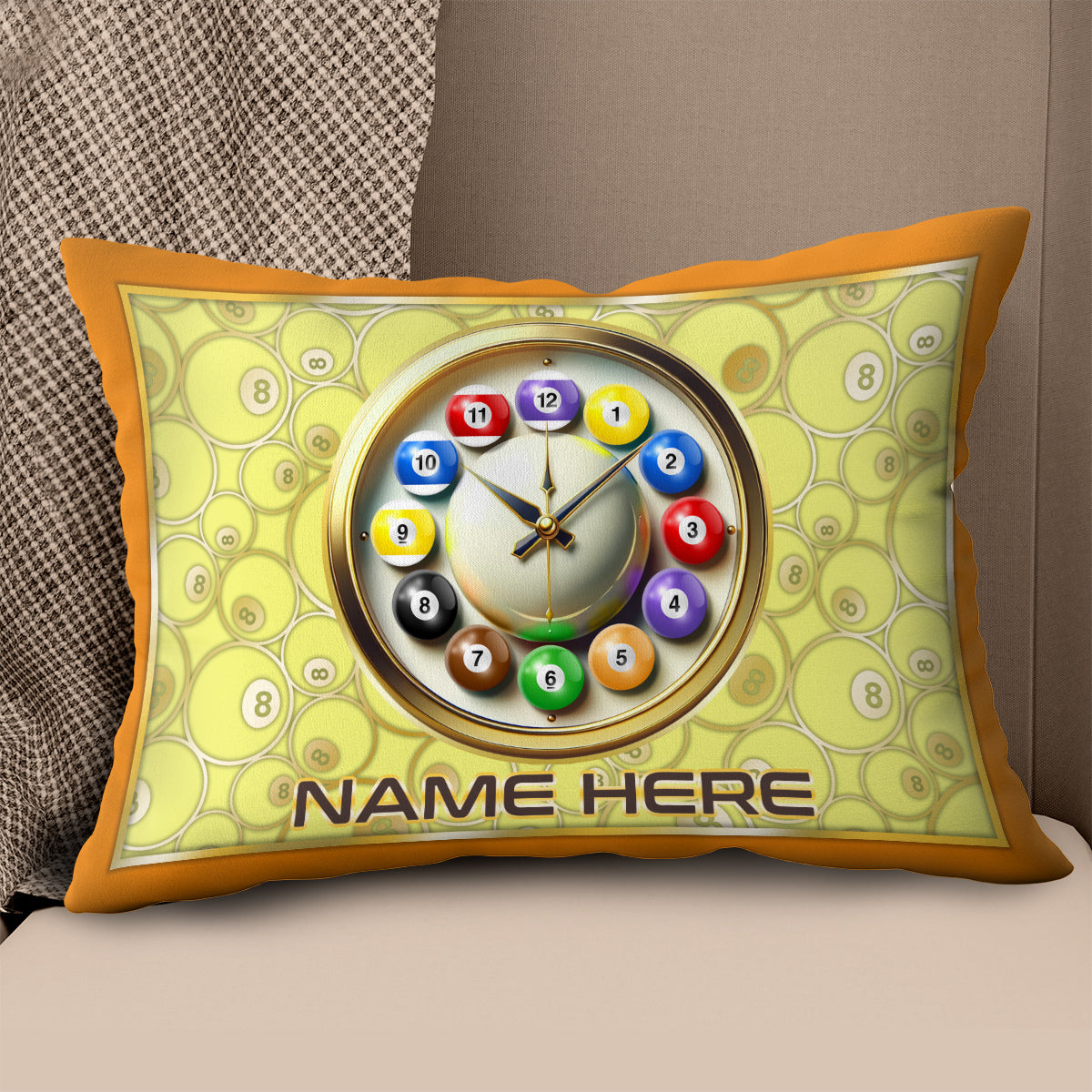 Funny Clock Billiard Balls Custom Yellow Pillow, Best Pool Throw Pillow TDM0903
