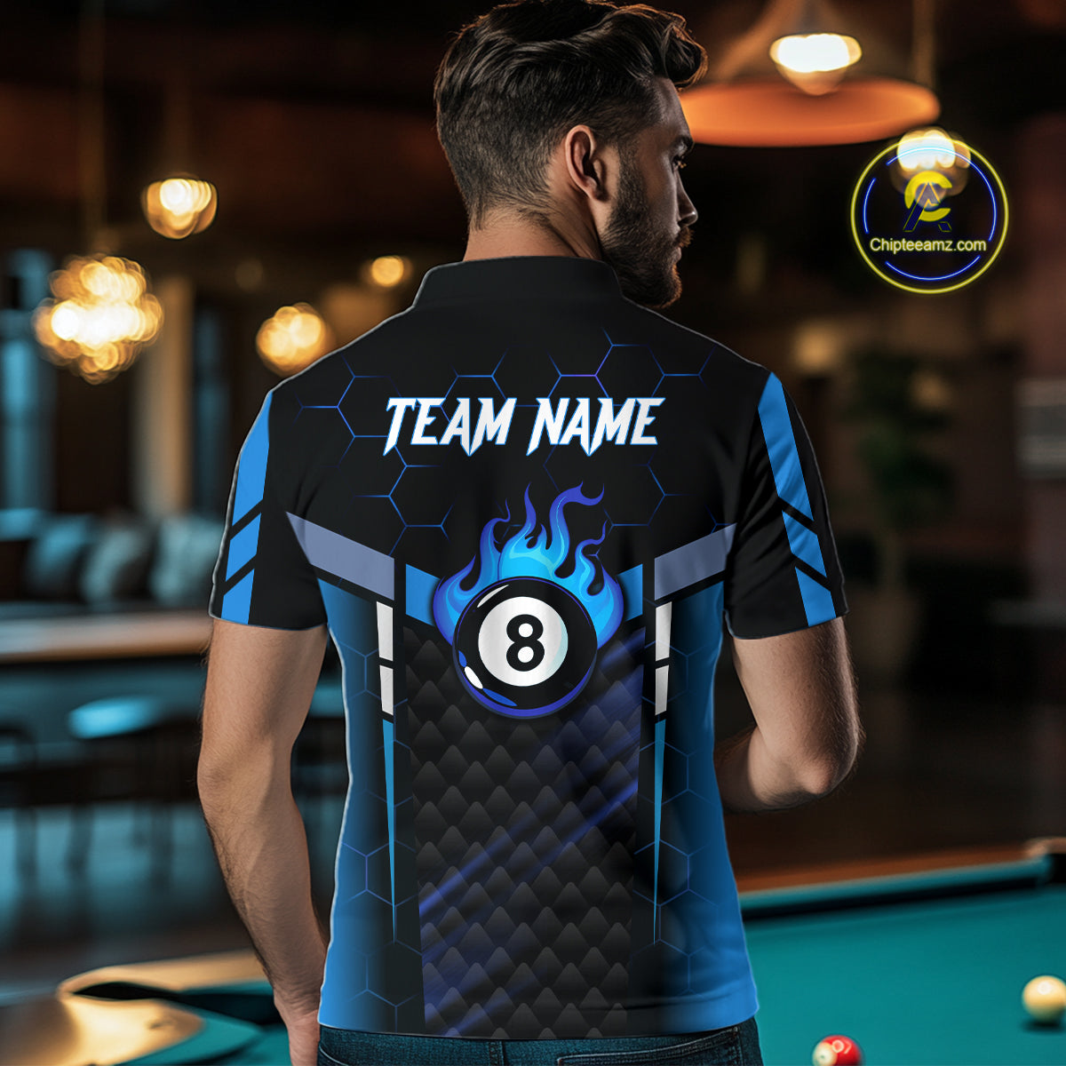Personalized Blue 8 Ball Flame Billiard Polo & Quarter Zip For Men, 8 Ball Pool Team Jersey TDM5731