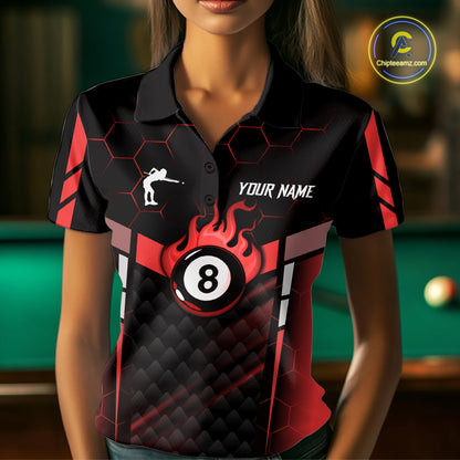 Personalized Red 8 Ball Flame Billiard Polo & Quarter Zip For Women, 8 Ball Pool Team Jersey TDM5732