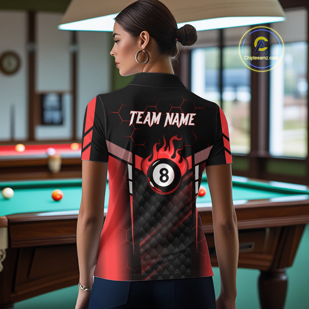 Personalized Red 8 Ball Flame Billiard Polo & Quarter Zip For Women, 8 Ball Pool Team Jersey TDM5732