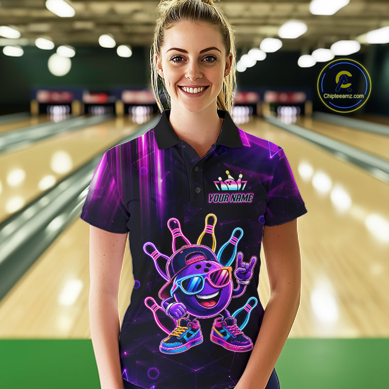 Funny Neon Bowling Ball Polo & Quarter Zip Shirt For Women Custom Bowling Team Shirt, Bowling Jersey TDM6519