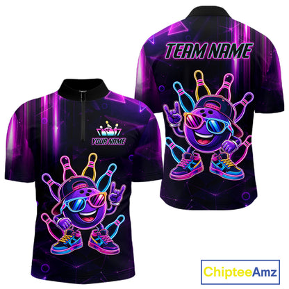 Funny Neon Bowling Ball Polo & Quarter Zip Shirt For Men Custom Bowling Team Shirt, Bowling Jersey TDM6519
