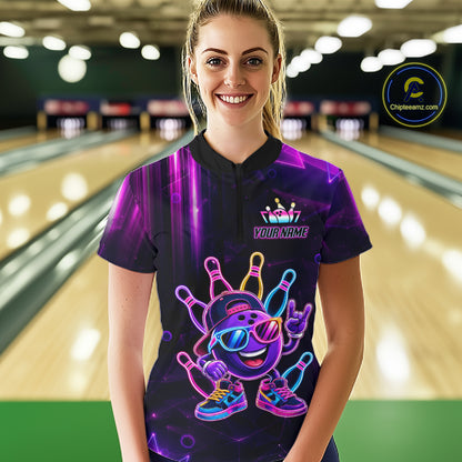 Funny Neon Bowling Ball Polo & Quarter Zip Shirt For Women Custom Bowling Team Shirt, Bowling Jersey TDM6519