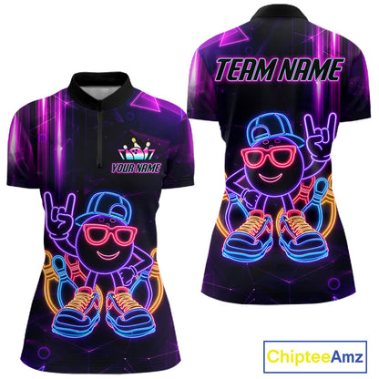 Funny Neon Bowling Ball Polo & Quarter Zip Shirt For Women Custom Bowling League Team Jersey TDM6520