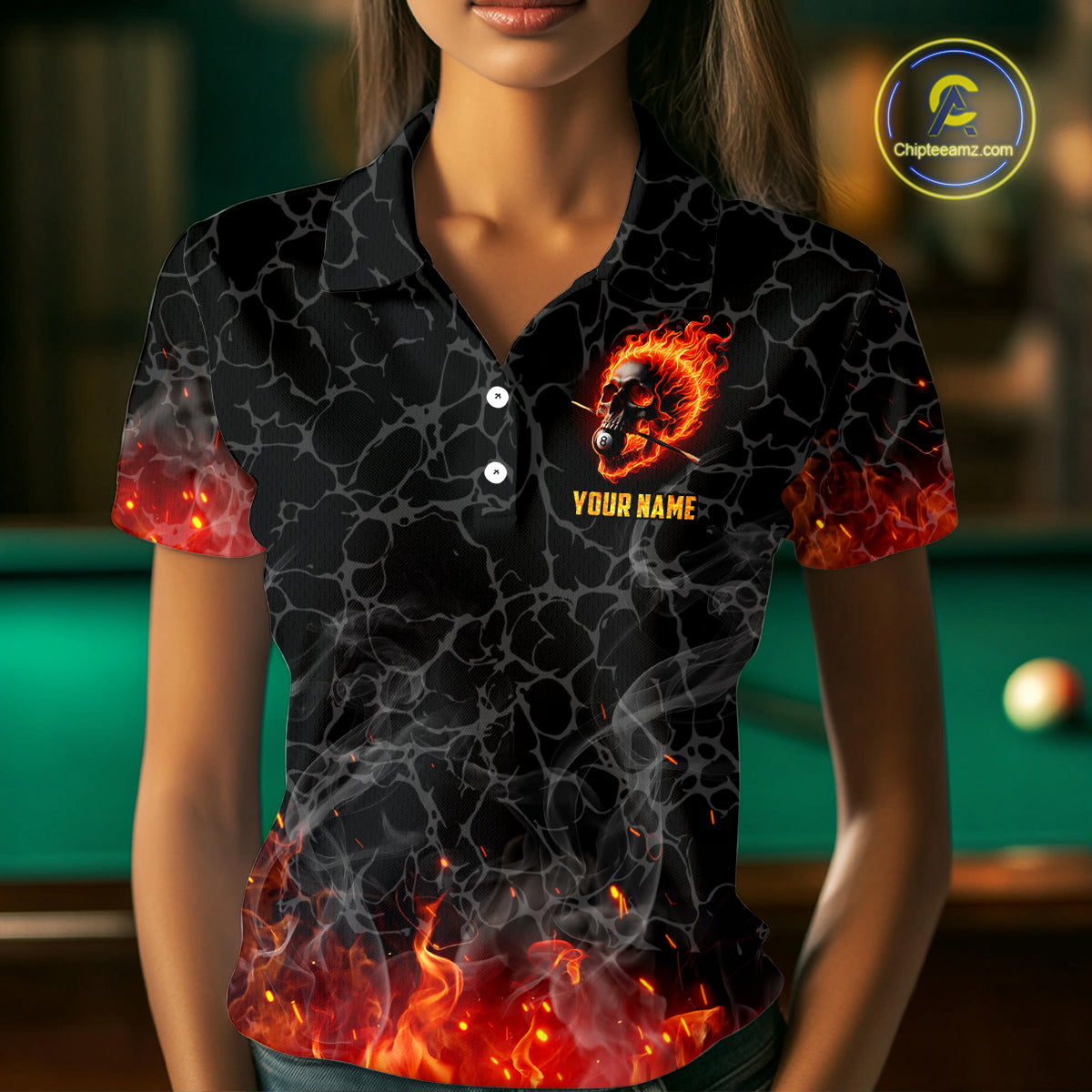 Billiards 8 Ball Flame Skull Fire Custom Pool Shirts For Women, Unique Team League Billiard Jerseys TDM1826