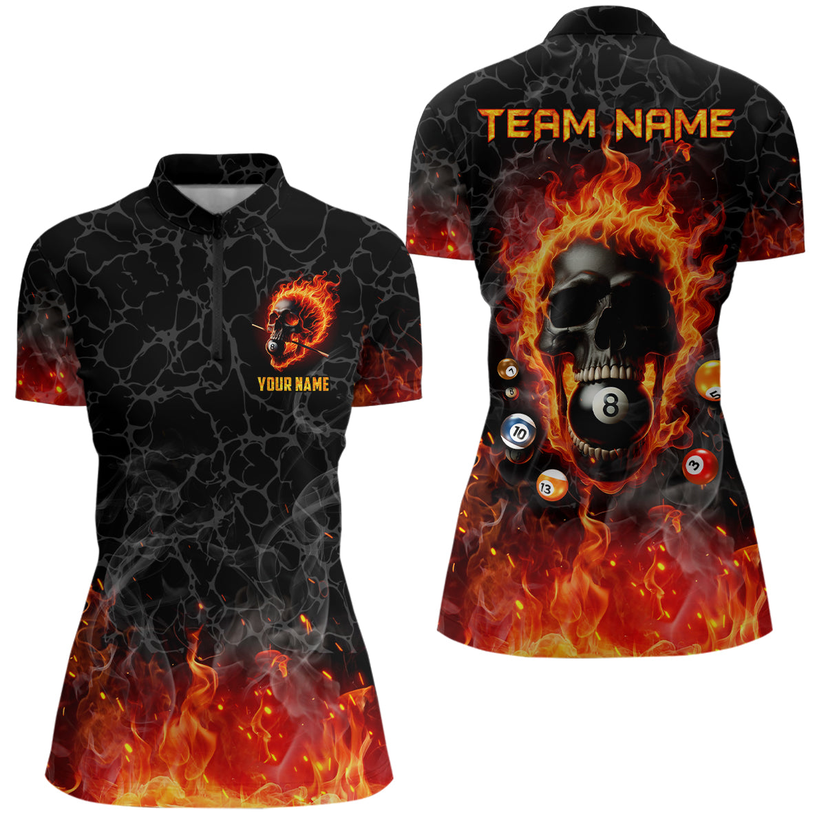 Billiards 8 Ball Flame Skull Fire Custom Pool Shirts For Women, Unique Team League Billiard Jerseys TDM1826