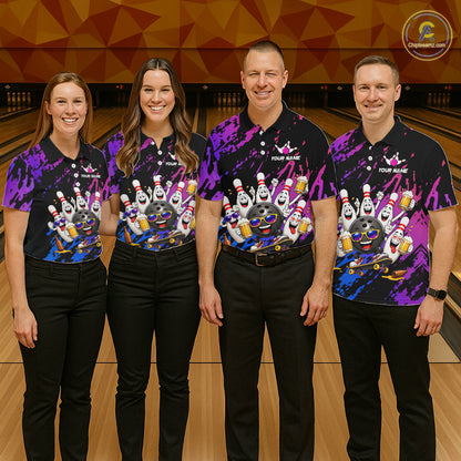 Custom Blue Purple Funny Bowling Pins Beer Bowling Shirts For Women Personalized Bowling Team Jersey TDM7255