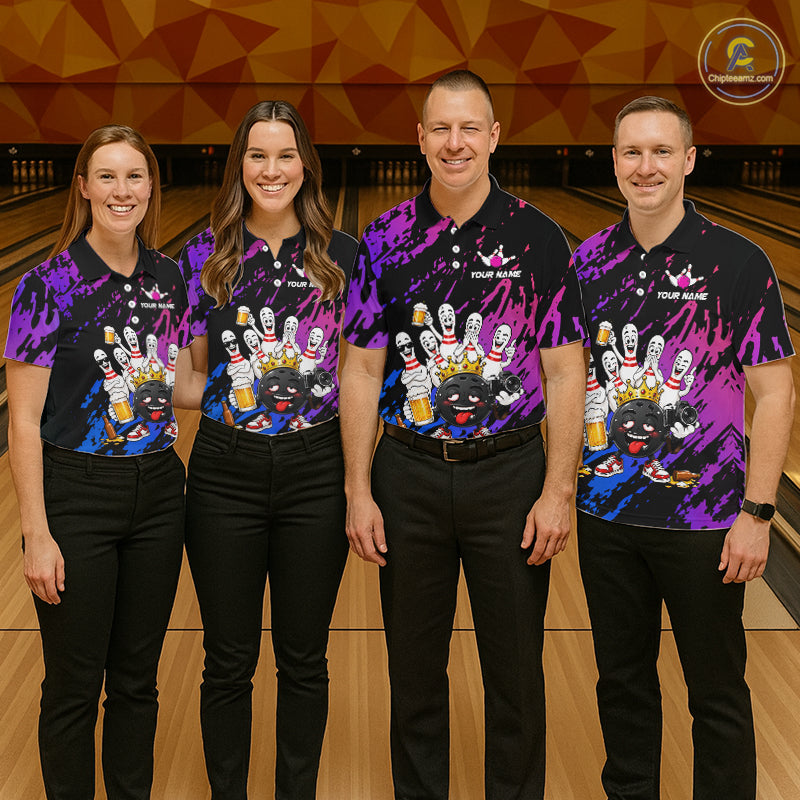 Custom Blue Purple Funny Drunk Bowling Pins Crown Bowling Shirts For Women, Bowling Team Jersey TDM7256