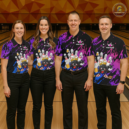 Custom Blue Purple Funny Drunk Bowling Pins Crown Bowling Shirts For Women, Bowling Team Jersey TDM7256