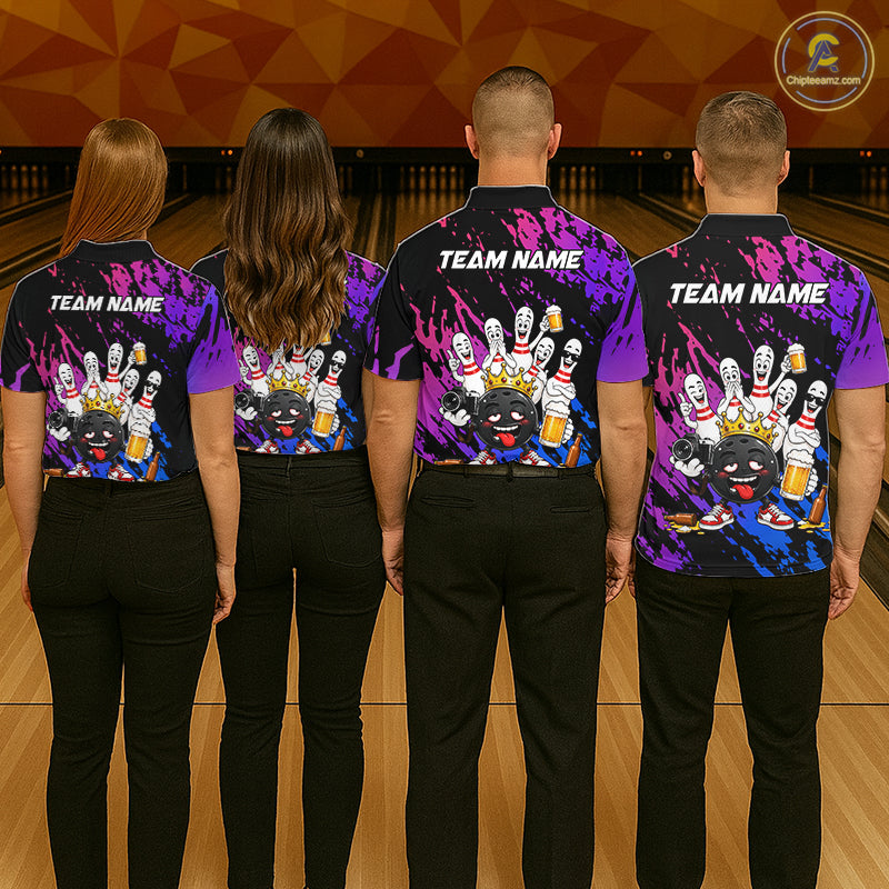 Custom Blue Purple Funny Drunk Bowling Pins Crown Bowling Shirts For Women, Bowling Team Jersey TDM7256