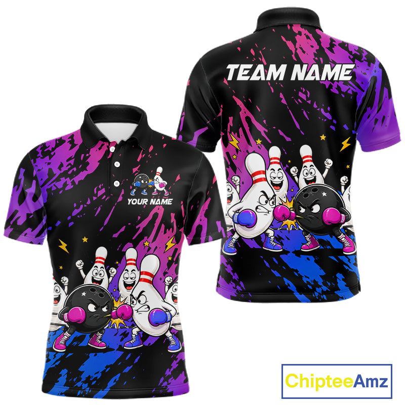 Custom Blue And Purple Funny Boxing Bowling Shirts For Men Bowling Team Jersey, Gift For Bowlers TDM7257