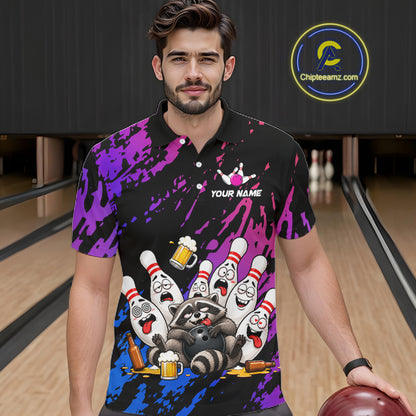 Custom Blue Purple Funny Drunk Raccoon Bowling Shirt For Men Personalized Beer Bowling Team Jersey TDM7258