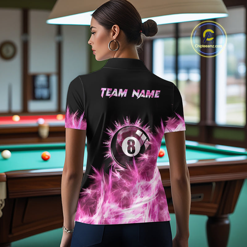 Pink 8 Ball Pool Icy Billiard Polo & Quarter Zip Shirts For Women Custom Billiard Team Jersey TDM7511
