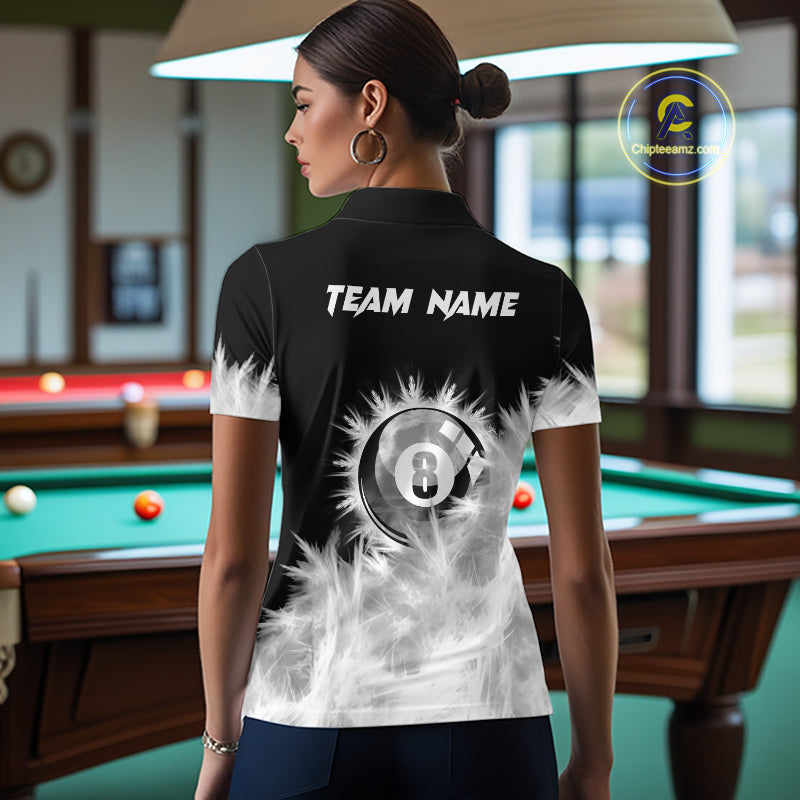 Black And White 8 Ball Pool Icy Billiard Polo & 1/4 Zip Shirts For Women Custom Billiard Team Jersey TDM7512