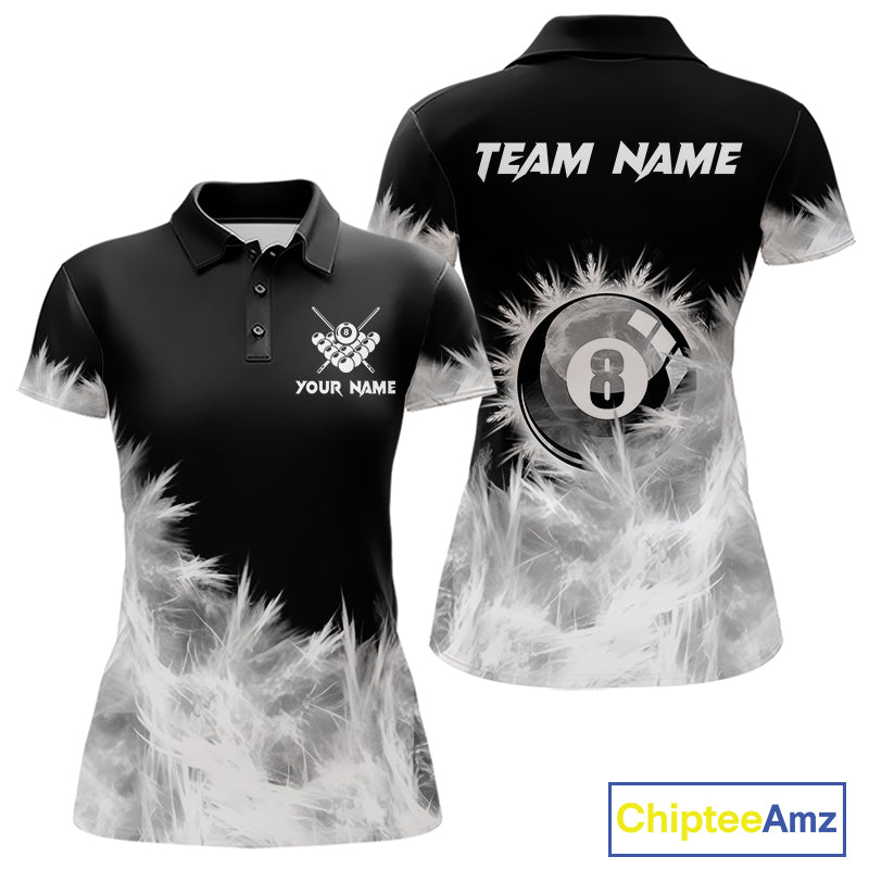 Black And White 8 Ball Pool Icy Billiard Polo & 1/4 Zip Shirts For Women Custom Billiard Team Jersey TDM7512