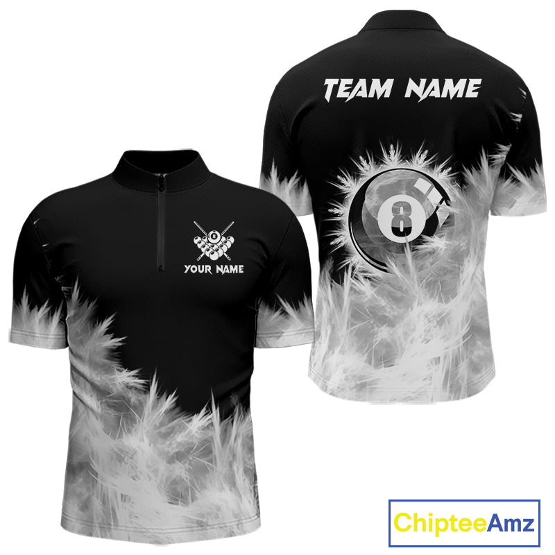 Black And White 8 Ball Pool Icy Billiard Polo & 1/4 Zip Shirts For Men Custom Billiard Team Jersey TDM7512