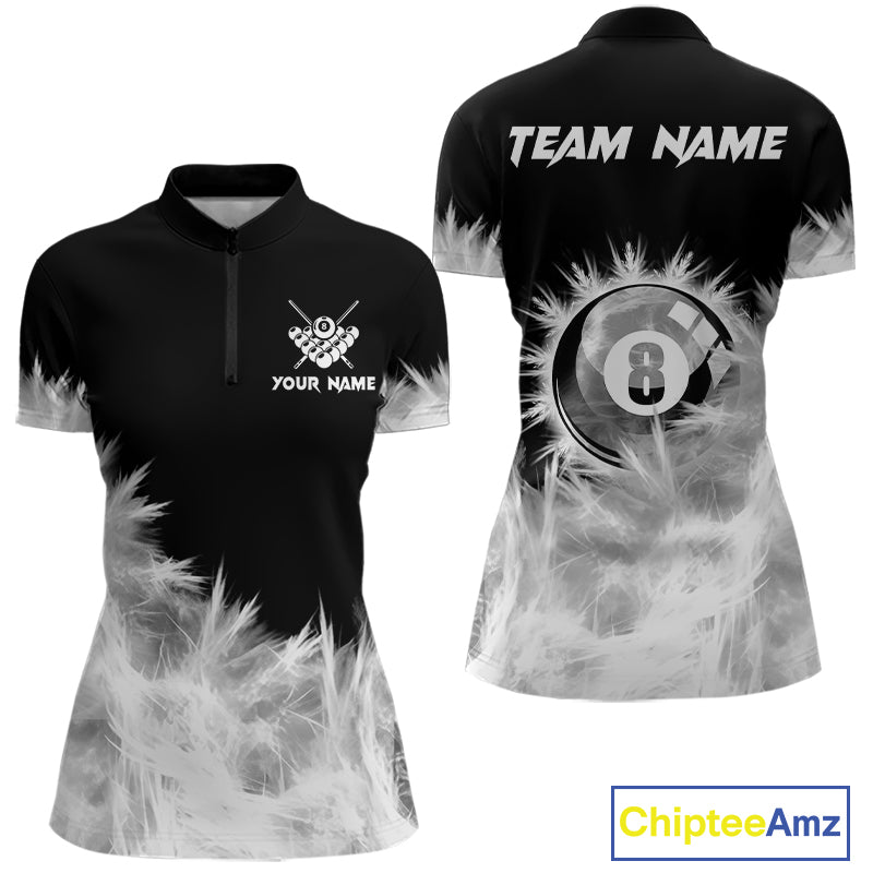 Black And White 8 Ball Pool Icy Billiard Polo & 1/4 Zip Shirts For Women Custom Billiard Team Jersey TDM7512
