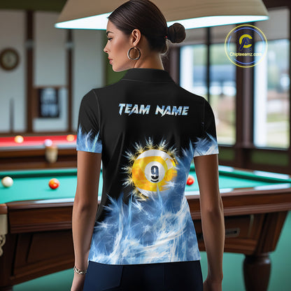 Blue 9 Ball Pool Icy Billiard Polo & Quarter Zip Shirts For Women Custom Billiard Team Jersey TDM7513