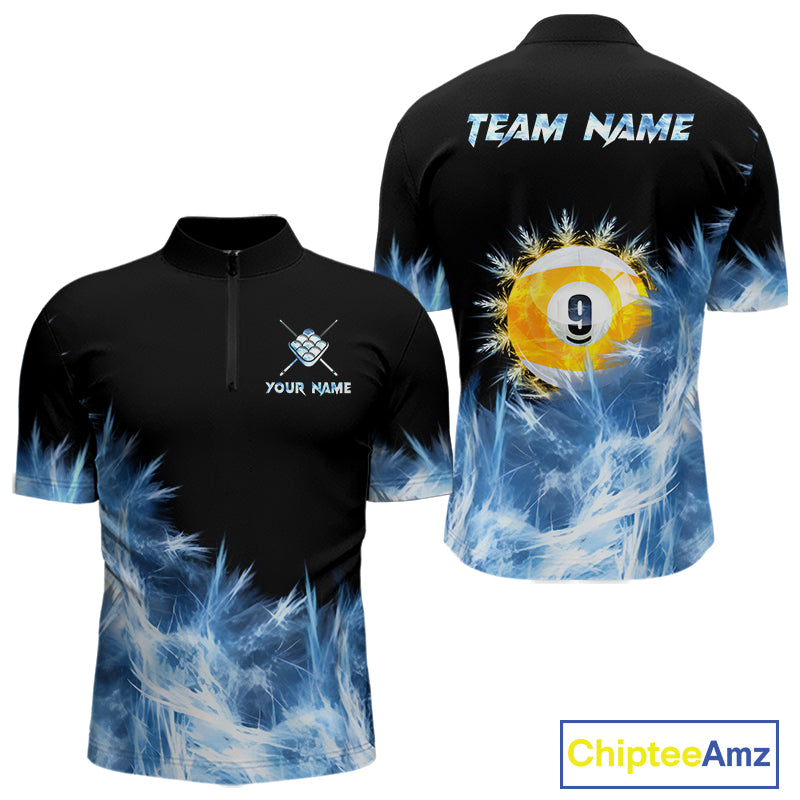 Blue 9 Ball Pool Icy Billiard Polo & Quarter Zip Shirts For Men Custom Billiard Team Jersey TDM7513
