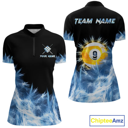 Blue 9 Ball Pool Icy Billiard Polo & Quarter Zip Shirts For Women Custom Billiard Team Jersey TDM7513